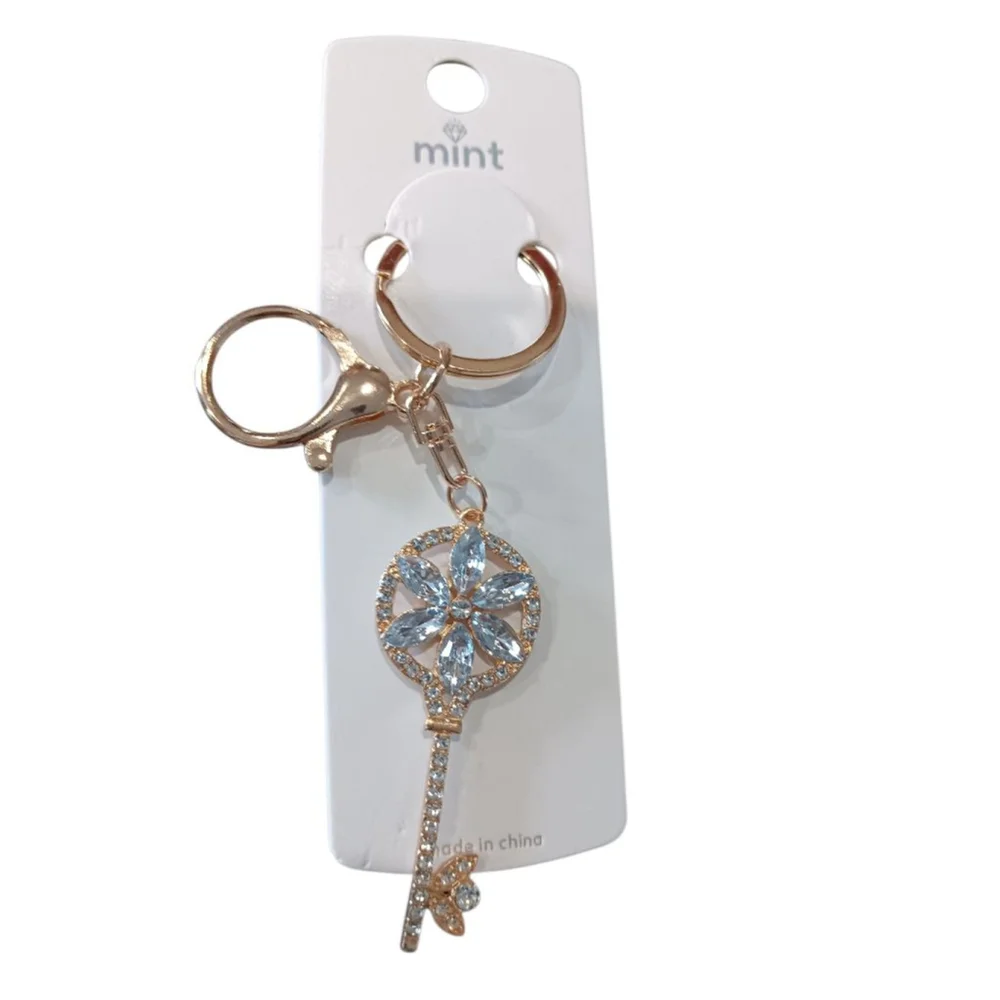 Skeleton Key Flower Rhinestone Keychain Purse Charm in Diamond Gold Tones
